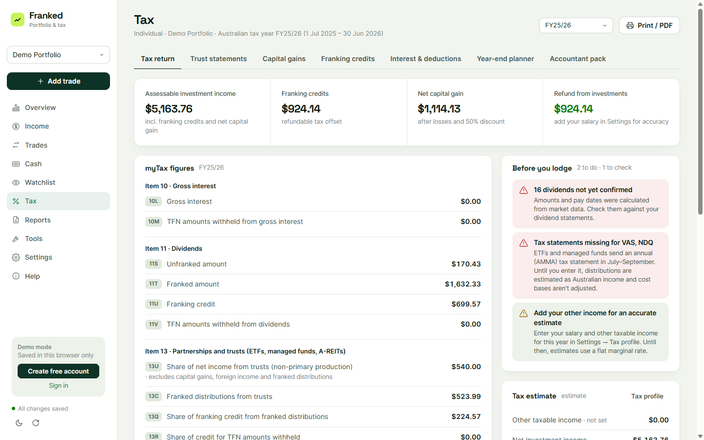 The tax return page with myTax labels, a before-you-lodge checklist and a tax estimate